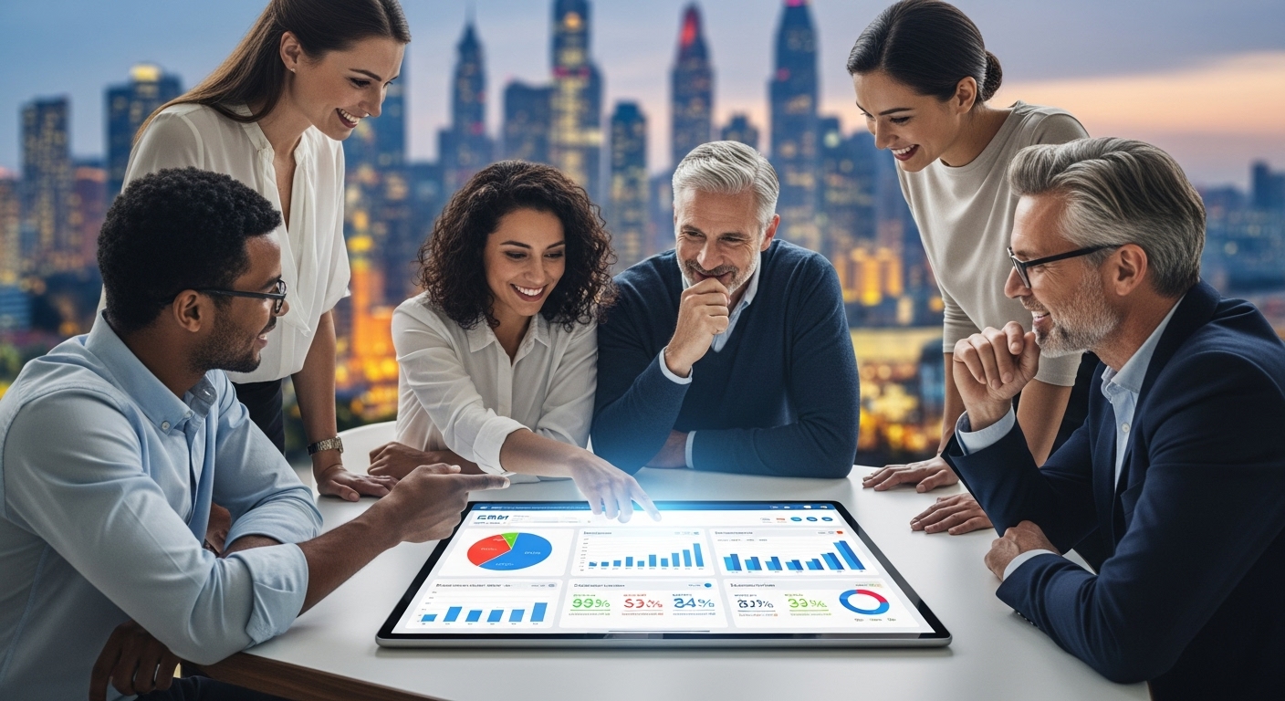 A diverse group of expat business owners from the UK, smiling and collaborating around a large digital tablet displaying CRM dashboard metrics, with international city skylines blurred in the background, realistic and vibrant colors.