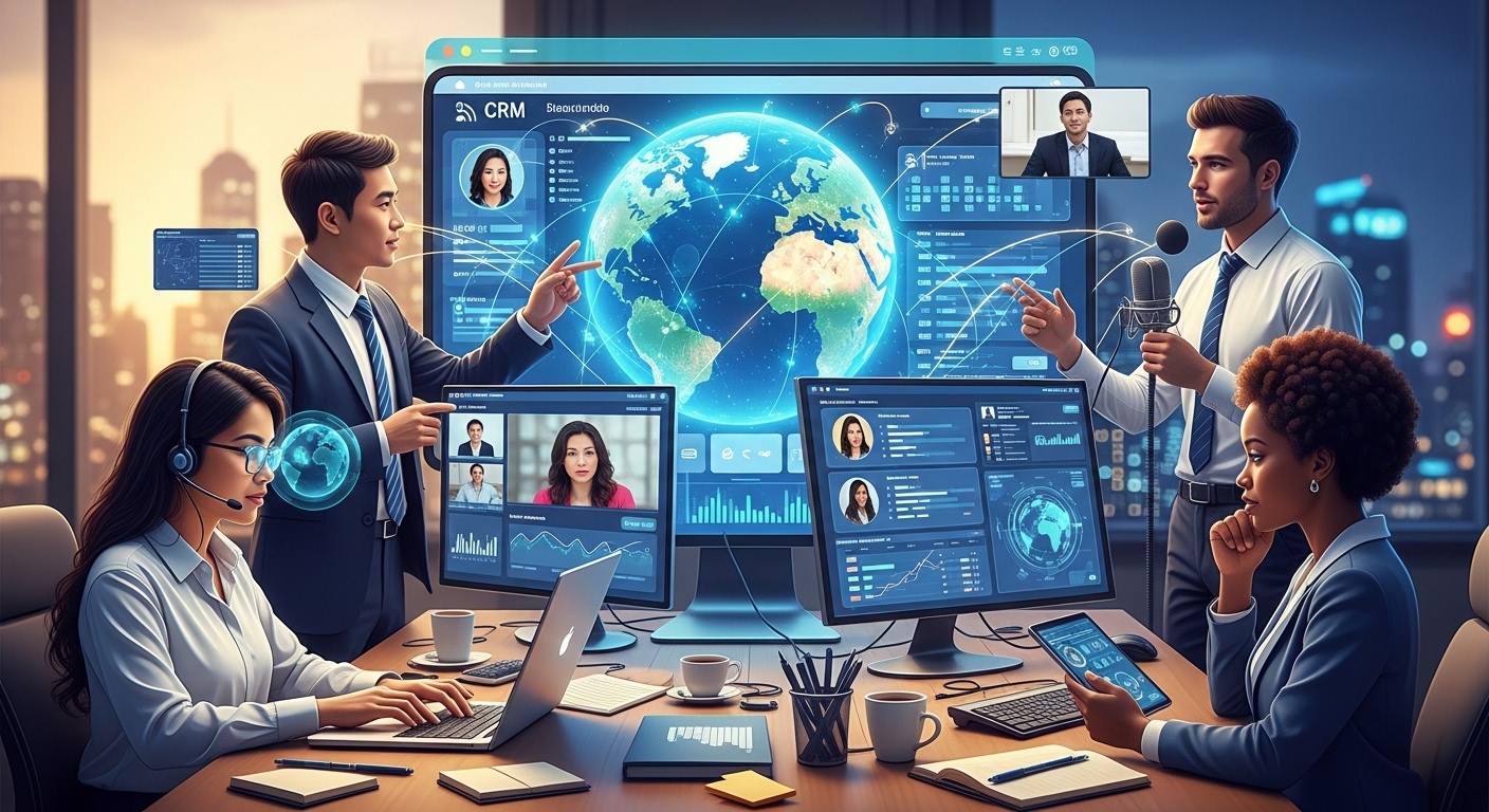 A vibrant, detailed illustration of a diverse team of professionals from different cultural backgrounds collaborating seamlessly across continents on a large, glowing CRM dashboard. The image should convey global connectivity and efficiency, highly realistic.