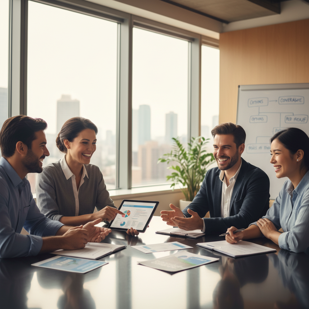 A diverse group of expats, smiling and relaxed, discussing healthcare options in a modern, bright office setting. Focus on clear, happy faces and a sense of relief. Photorealistic.