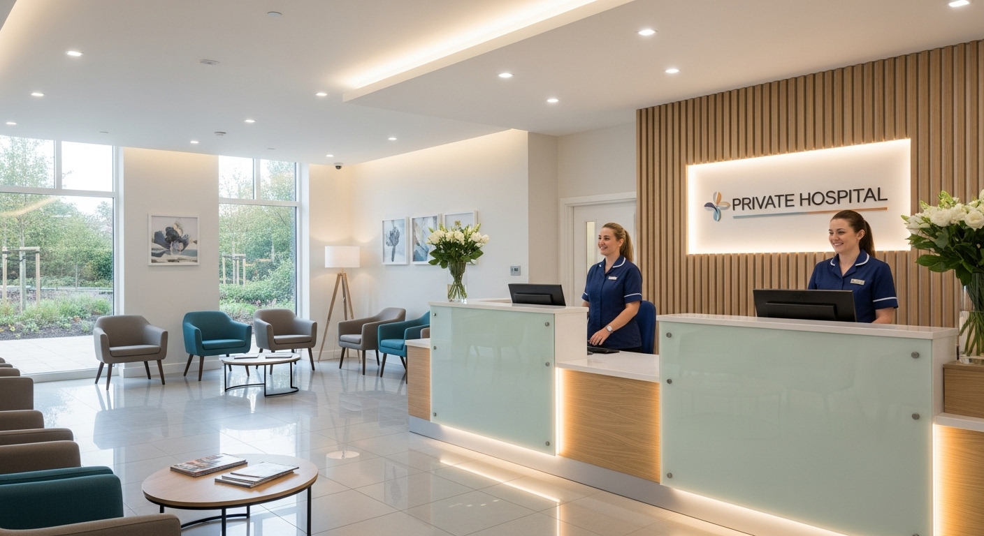A highly detailed, photorealistic image of a modern, clean private hospital reception area in the UK, with professional and welcoming staff at a desk, and a comfortable waiting area. Focus on bright lighting and a sense of calm efficiency.