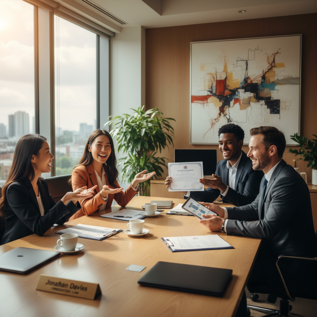 A diverse group of expats happily discussing their successful UK immigration journey with a friendly and professional UK immigration lawyer in a bright, modern office setting. Focus on a positive and reassuring atmosphere.