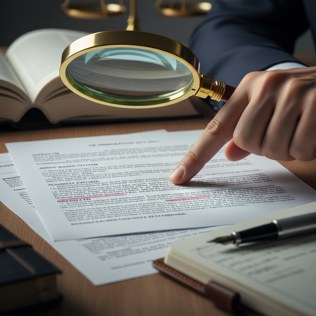 A magnifying glass hovering over legal documents related to UK immigration, with a hand pointing to key clauses, illustrating the detailed scrutiny and expertise required. The image should convey professionalism and thoroughness.