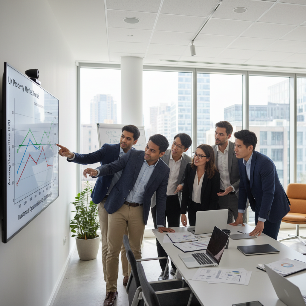 A diverse group of international professionals, casually dressed, looking intently at a digital graph showing UK property market trends and mortgage rates on a large screen in a modern, bright office. They are discussing investment opportunities. Photorealistic, high detail.