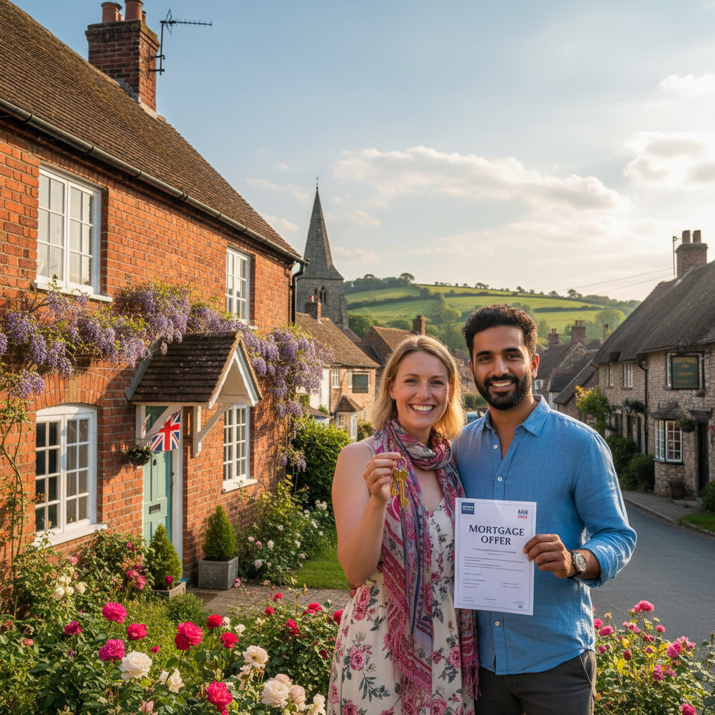 A smiling expat couple, one British and one from another country, holding keys and a mortgage offer letter, standing happily in front of a charming red-brick house in a picturesque English village on a sunny day. They are celebrating their new home. Photorealistic, vibrant colours.