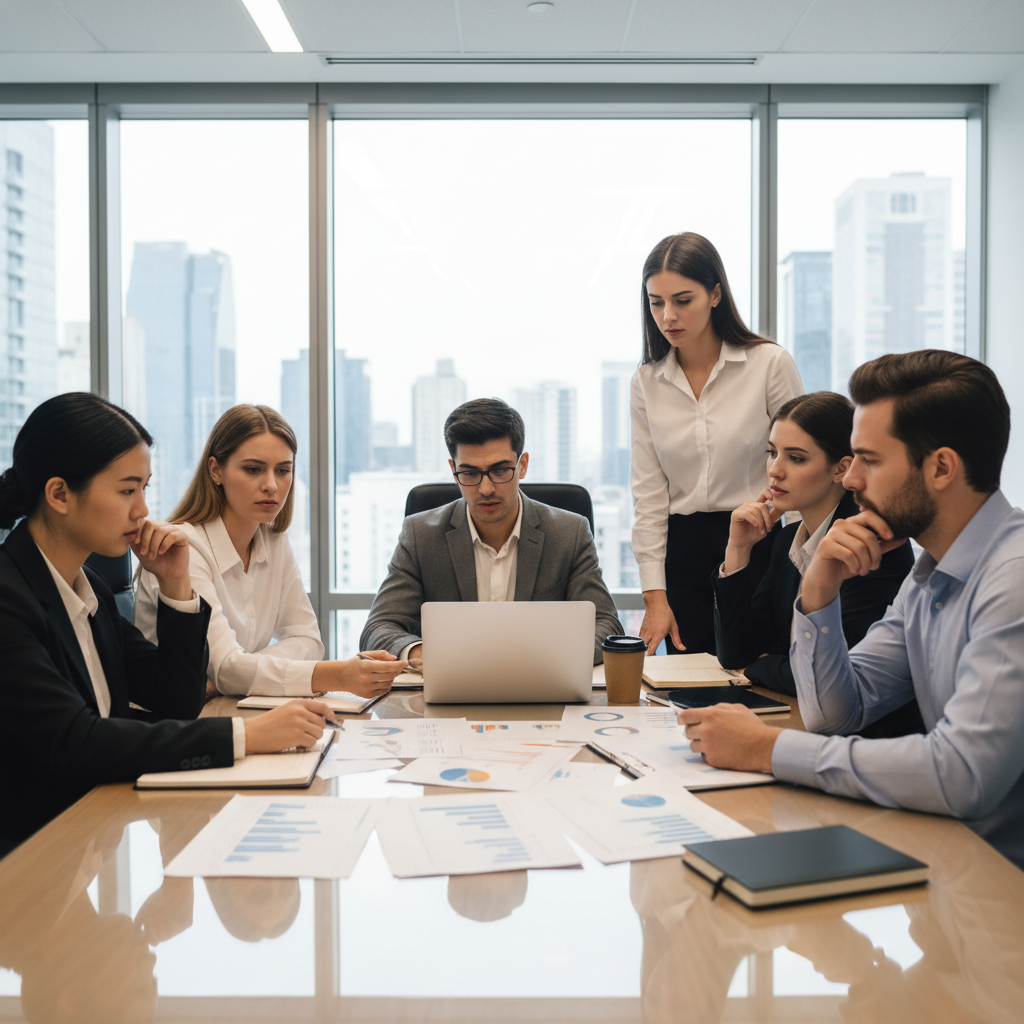 A diverse group of young, professional expats in a modern office setting, looking at various financial documents and a laptop, appearing slightly puzzled but determined. The image should be photorealistic and well-lit.