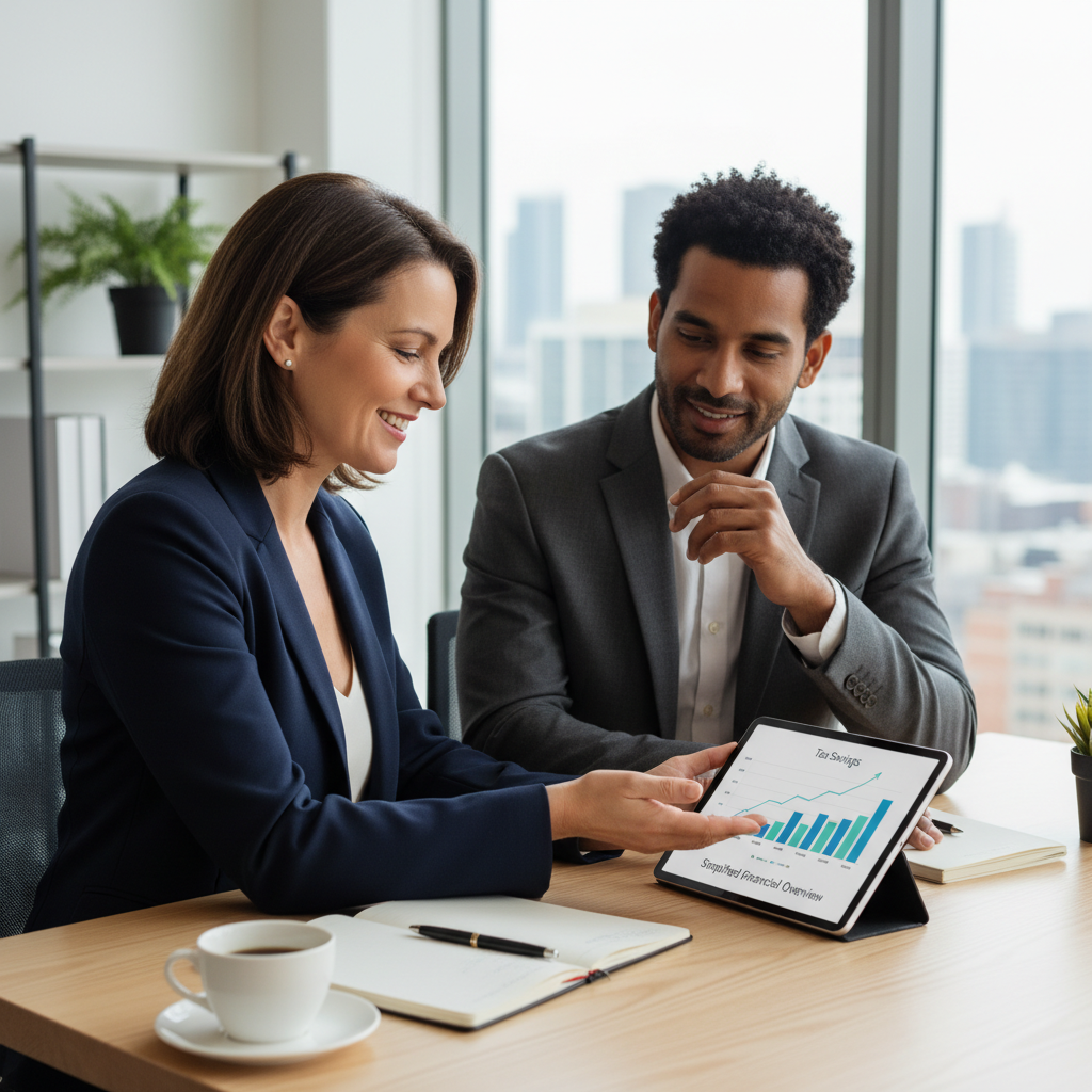 A professional, friendly tax advisor with a warm smile, sitting across a desk from an expat client (diverse, mid-30s, dressed professionally) in a bright, modern office. The advisor is pointing to a digital tablet screen showing simplified financial graphs, explaining complex tax information clearly. Photorealistic, clean, and inviting atmosphere.