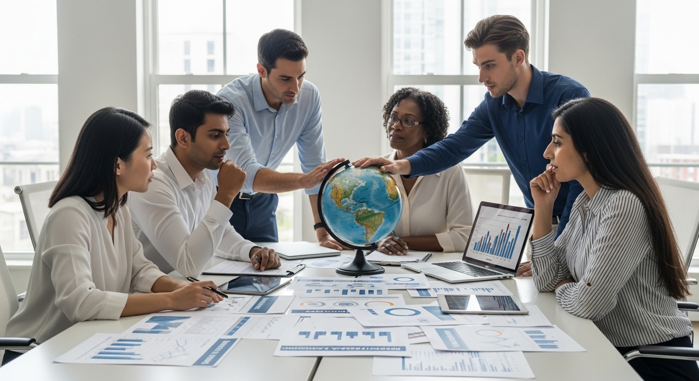 A detailed, photorealistic image of a diverse group of expats looking thoughtfully at financial documents and a globe, representing complex international financial planning. The setting is a bright, modern office with soft, natural light.