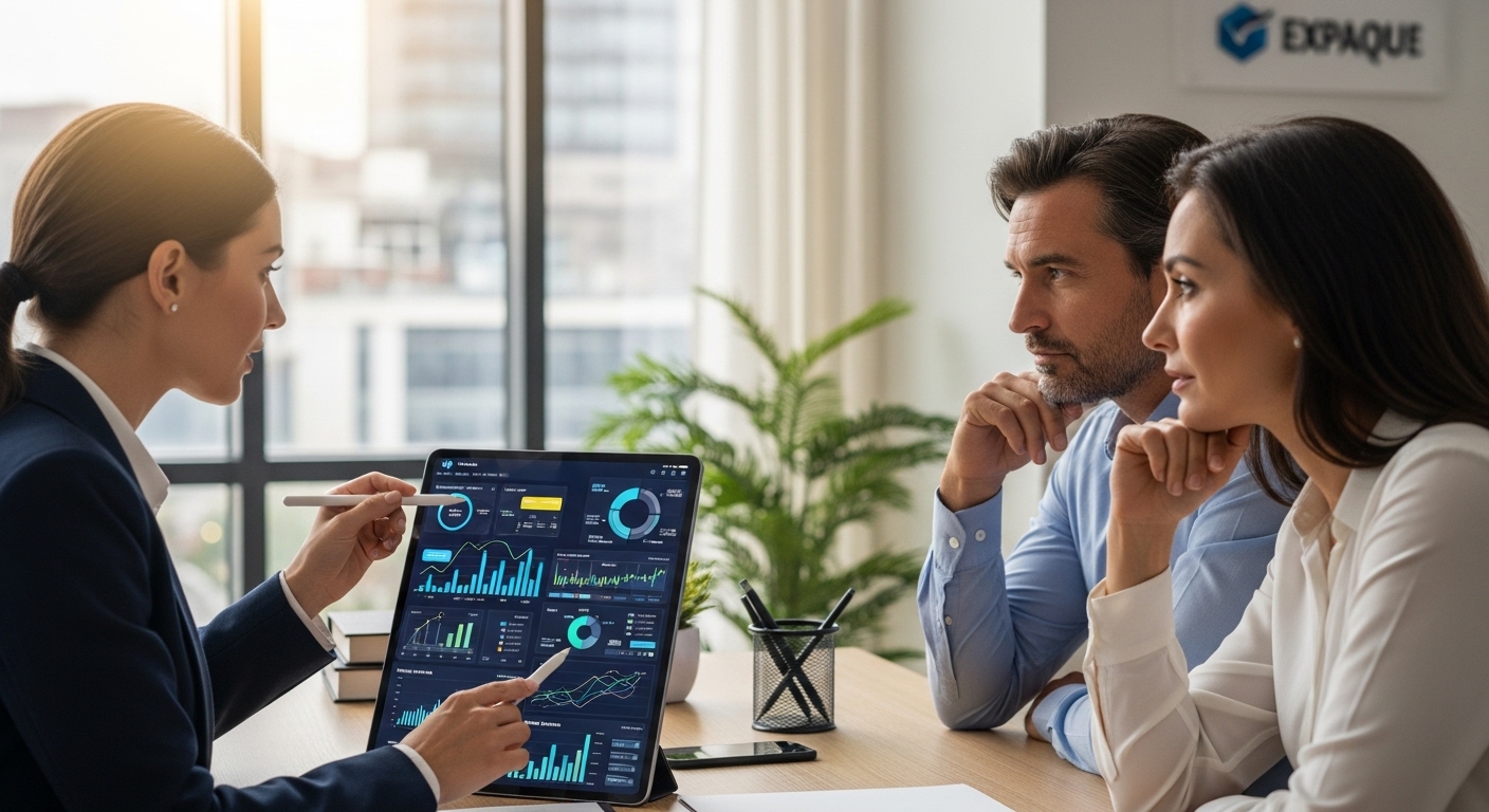 A photorealistic image of a professional financial advisor in a modern, well-lit office, explaining complex financial charts on a tablet to a focused expat couple. There are intricate graphs and data on the tablet screen, symbolizing bespoke financial planning.