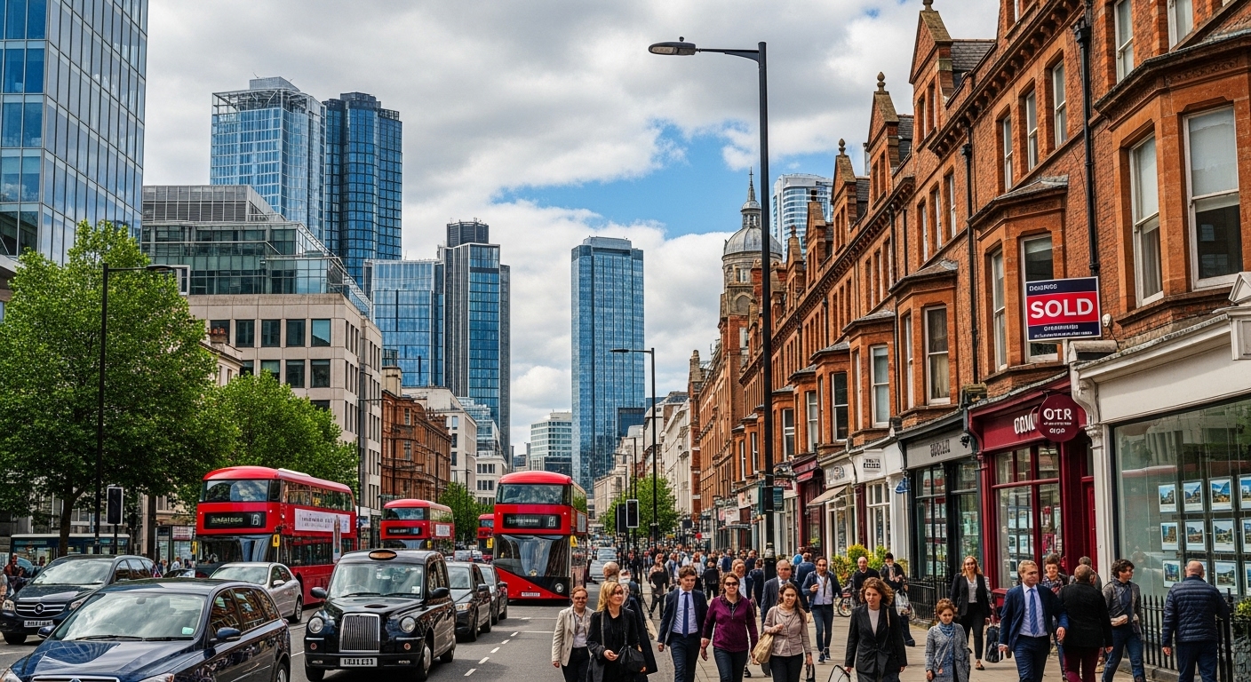A wide shot of a bustling UK city street with modern and traditional buildings, cars, and pedestrians, reflecting a vibrant property market. The sky is partly cloudy, giving a classic British feel. Photorealistic.
