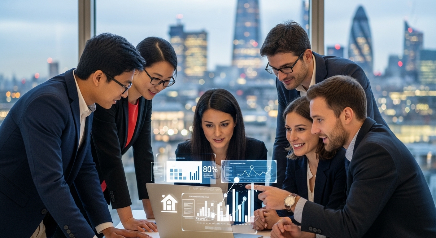 A diverse group of people from different nationalities looking at a financial chart or property documents on a laptop, with a blurred UK city skyline in the background, symbolizing expat investment in the UK. Focus on collaboration and clarity. Photorealistic.