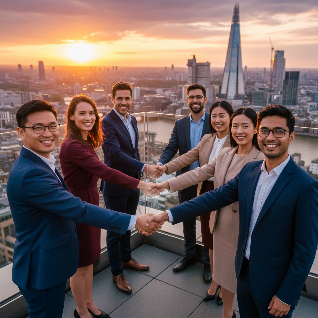 A diverse group of international entrepreneurs smiling and shaking hands in front of a modern London cityscape at sunset, symbolizing global business opportunities and collaboration.