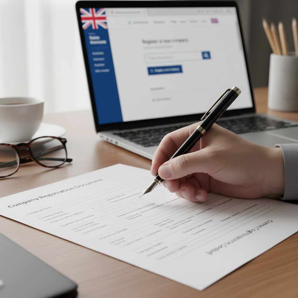 A close-up shot of a hand filling out official company registration forms with a pen, with a laptop displaying the Companies House website in the background, symbolizing the process of UK company formation.