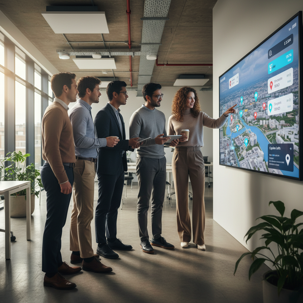 A diverse group of young professionals, casually dressed, looking at a digital real estate map on a large screen in a modern, sunlit office, discussing potential investment properties in London. Photorealistic, high detail.