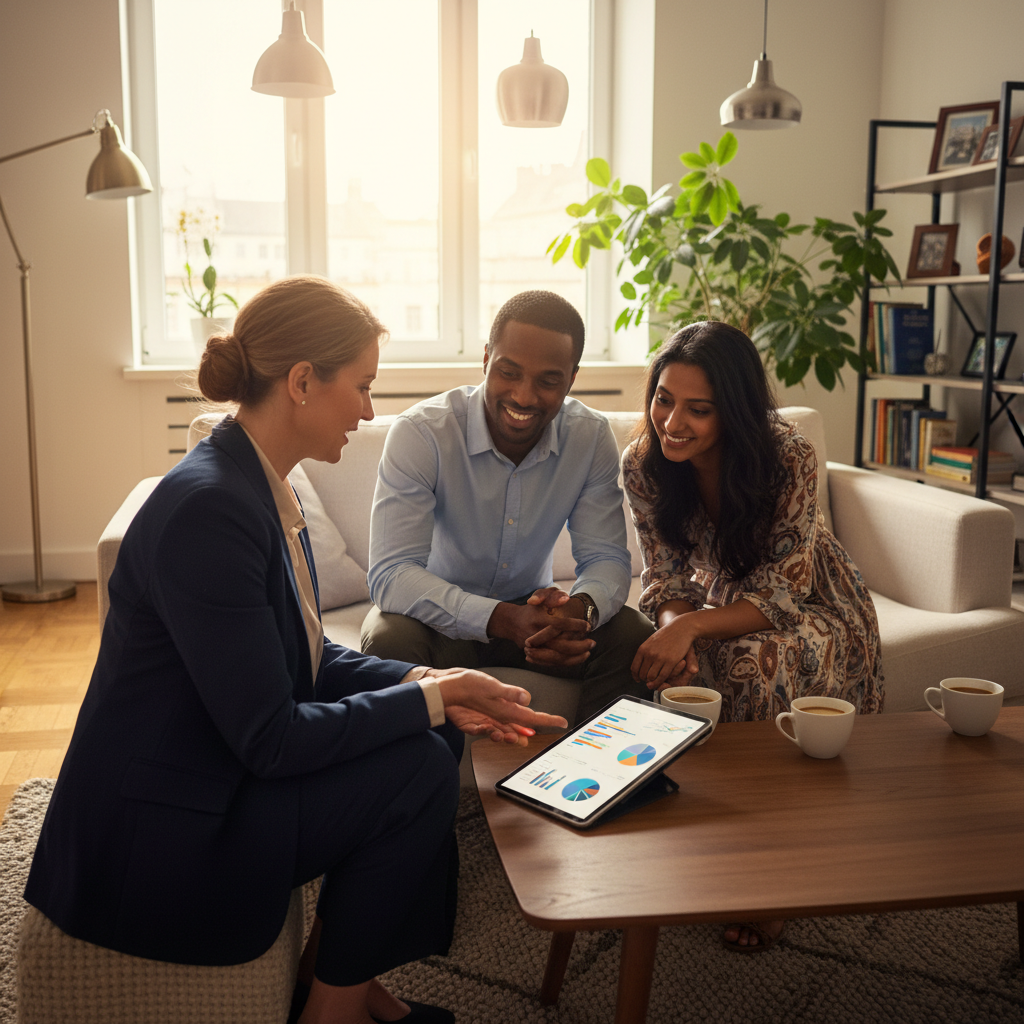 A confident financial advisor, a well-dressed woman in her 40s, explaining investment options to a diverse expat couple in a comfortable, modern living room setting. There's a tablet on the coffee table showing graphs. Photorealistic, warm lighting.