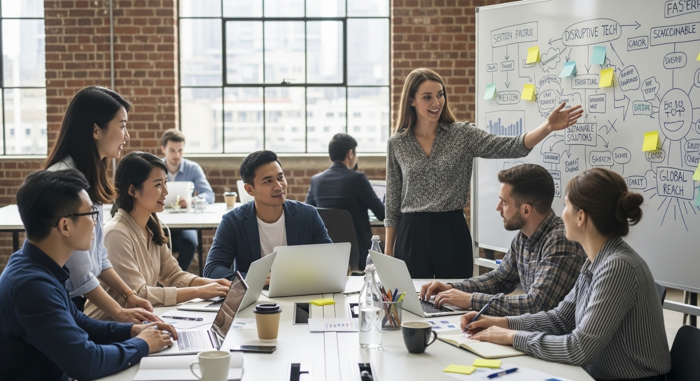 A diverse group of expat entrepreneurs happily collaborating in a modern, brightly lit co-working space in London, surrounded by laptops and whiteboards with business ideas, conveying a sense of innovation and community.