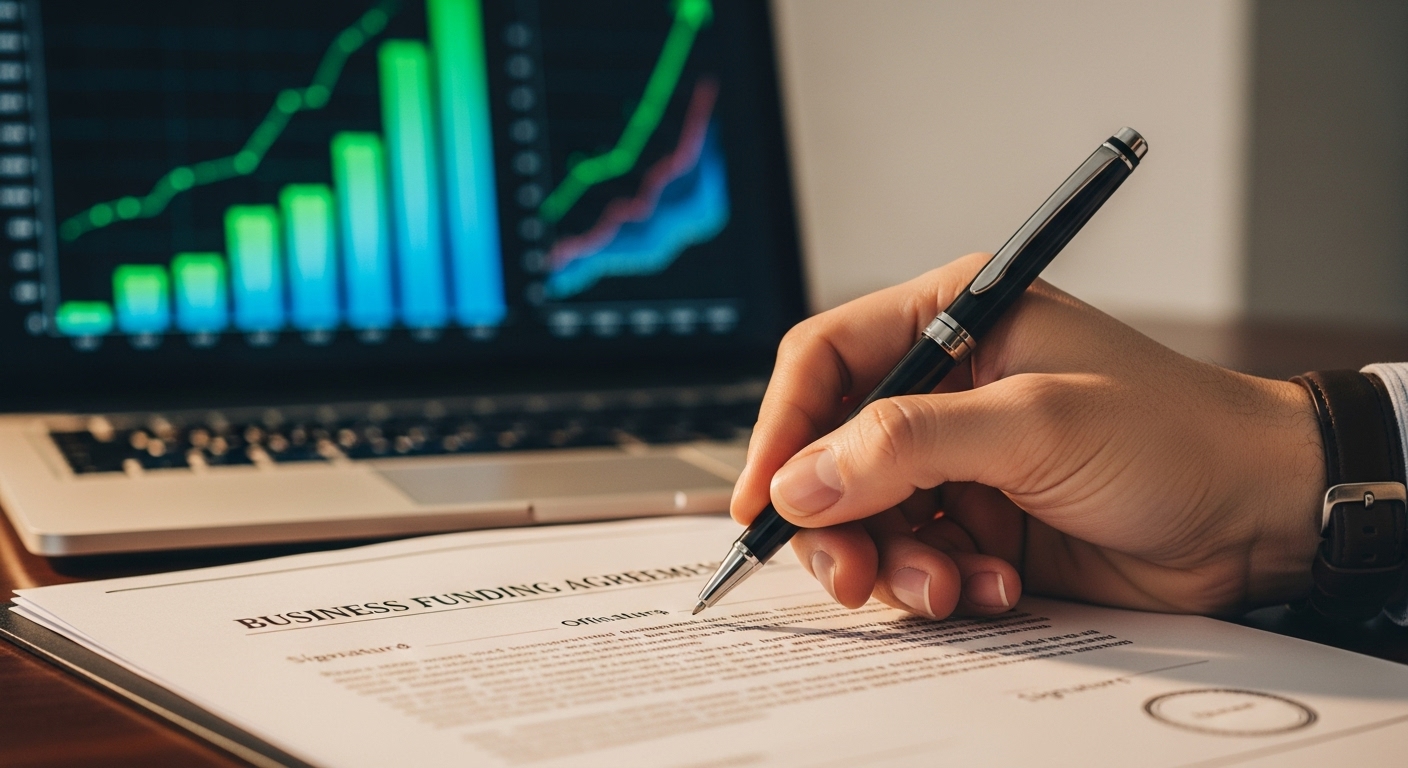 A close-up, highly detailed shot of a hand signing a successful business funding contract with a stylish pen, a laptop showing financial graphs in the background, symbolizing financial growth and achievement for an expat entrepreneur.