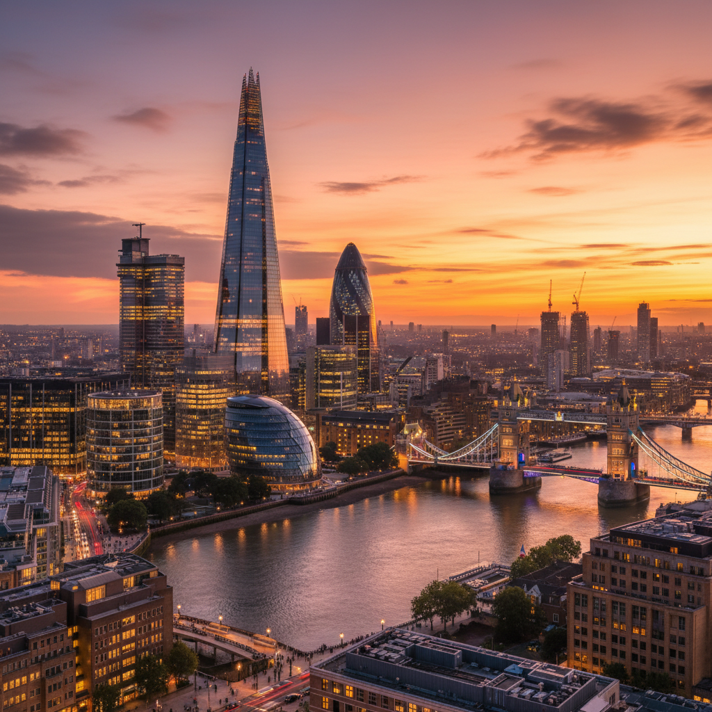 A bustling, photorealistic cityscape of London at sunset, with iconic landmarks like the Shard and the Gherkin visible, reflecting a vibrant and modern business hub. The sky is a warm blend of orange and purple hues.