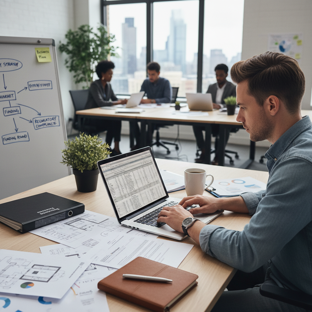 A close-up, photorealistic shot of an expat entrepreneur thoughtfully working on a laptop, surrounded by business documents and a cup of coffee, symbolizing planning and strategy for their new UK venture. The background is a modern, bright office space.